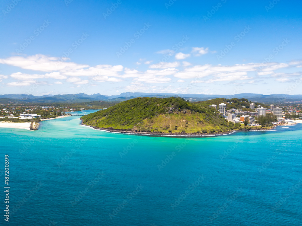 Tallebudgera creek and Burleigh Heads on the Gold Coast from an aerial perspective on a clear blue water day
