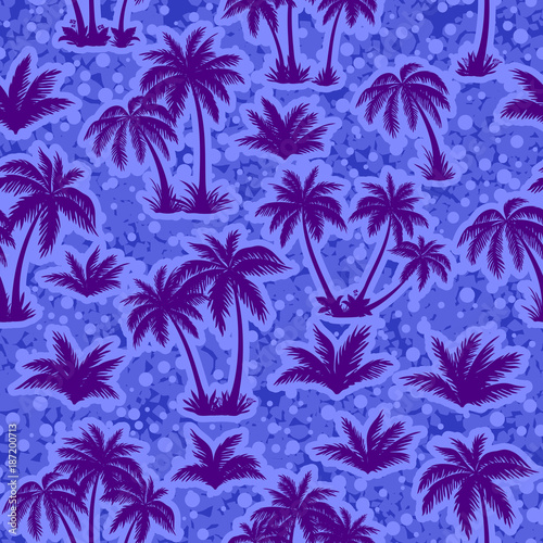 Exotic Seamless Pattern, Tropical Landscape, Palms Trees Blue Silhouettes on Abstract Tile Background. Vector