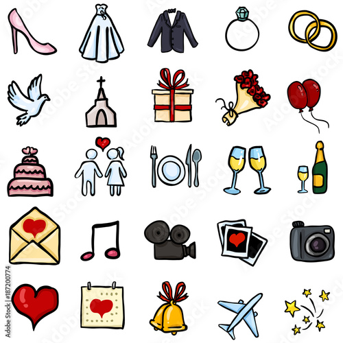 Vector Set of Color Doodle Icons - Wedding Symbols