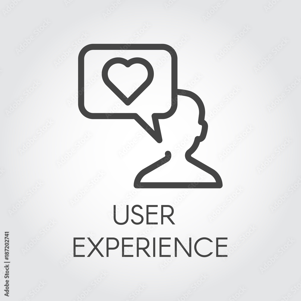 User experience icon in thin line style. Heart symbol in bubbles and abstract human silhouette. Simple logo or button for websites, mobile apps and other design needs. Vector contour pictogram User experience icon in thin line style. Heart symbol in bubbles and abstract human silhouette. Simple logo or button for websites, mobile apps and other design needs. Vector contour pictogram
