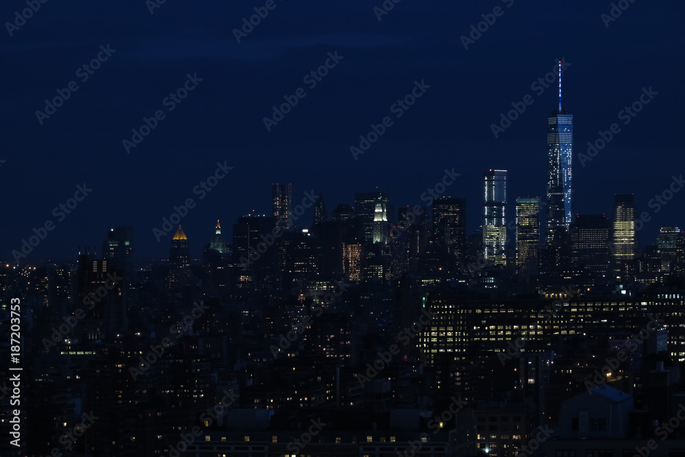 Panorama of skyscrapers of New York City, Manhattan.  View of night midtown of Manhattan