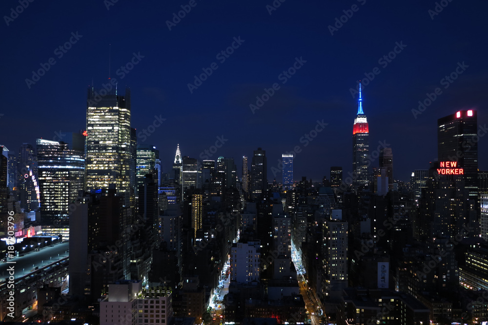 Panorama of skyscrapers of New York City, Manhattan.  View of night midtown of Manhattan