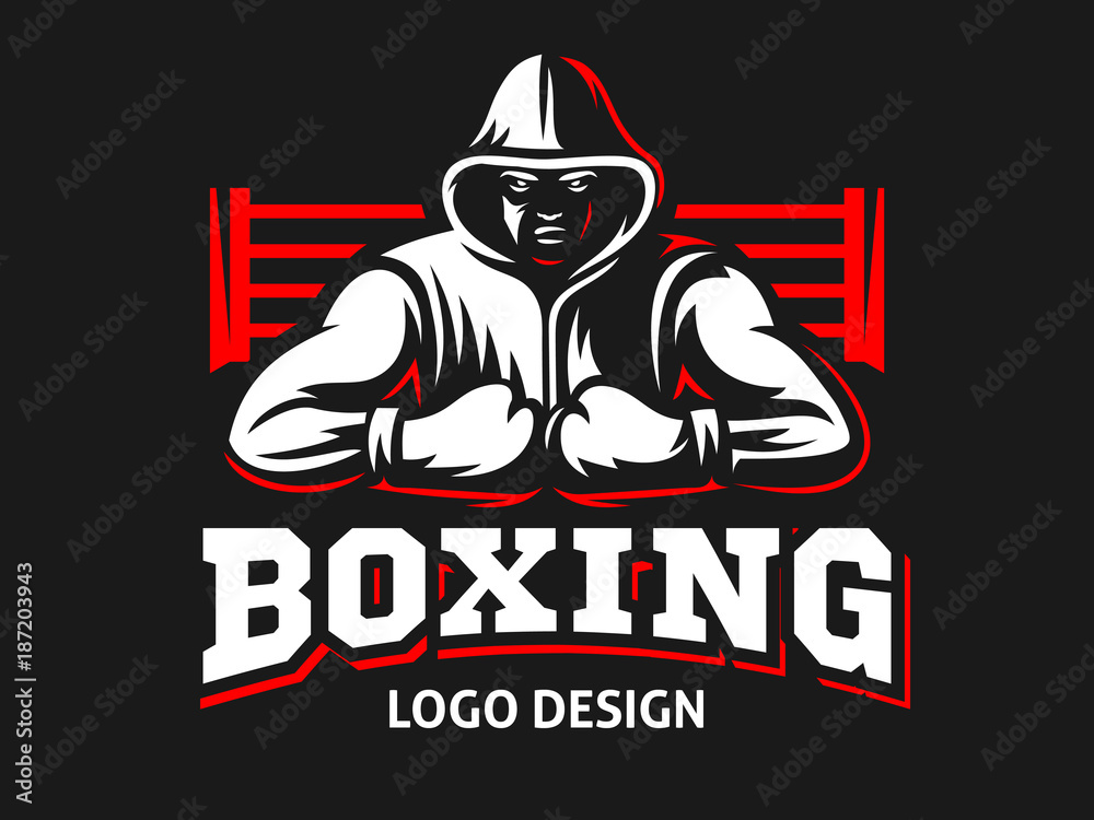 Silhouette of a muscular boxer in a hoodie against the backdrop of a boxing  ring - boxing emblem, logo design, illustration on a black background Stock  Vector | Adobe Stock