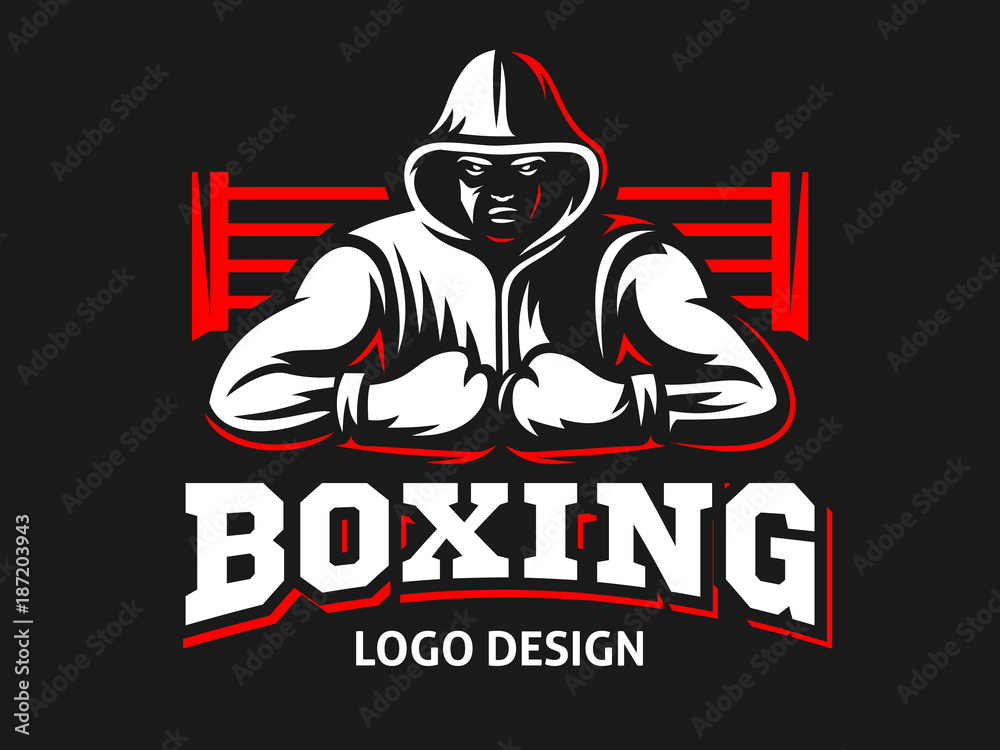 Silhouette of a muscular boxer in a hoodie against the backdrop of a boxing ring - boxing emblem, logo design, illustration on a black background Silhouette of a muscular boxer in a hoodie against the backdrop of a boxing ring - boxing emblem, logo design, illustration on a black background