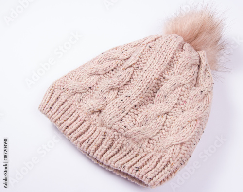 Wool hat for winter weather on a white background.