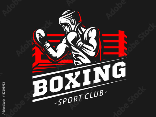 Silhouette of a muscular boxer in a helmet against the backdrop of a boxing ring - boxing emblem, logo design, illustration on a black background