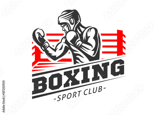 Silhouette of a muscular boxer in a helmet against the backdrop of a boxing ring - boxing emblem, logo design, illustration on a white background