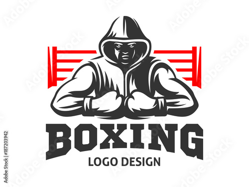 Silhouette of a muscular boxer in a hoodie against the backdrop of a boxing ring - boxing emblem, logo design, illustration on a white background