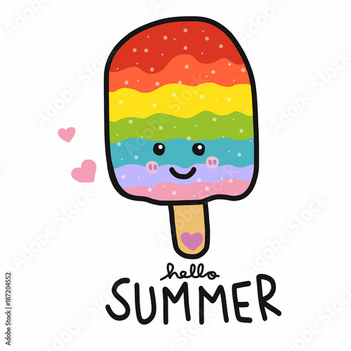 Hello Summer Rainbow ice-cream smile face cartoon vector illustration doodle style 