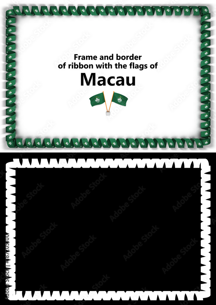 Frame and border of ribbon with the Macau flag for diplomas, congratulations, certificates. Alpha channel. 3d illustration