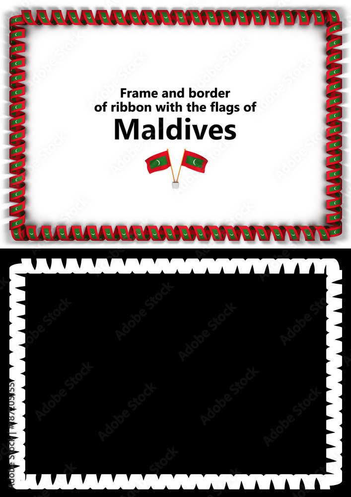 Frame and border of ribbon with the Maldives flag for diplomas, congratulations, certificates. Alpha channel. 3d illustration Frame and border of ribbon with the Maldives flag for diplomas, congratulations, certificates. Alpha channel. 3d illustration