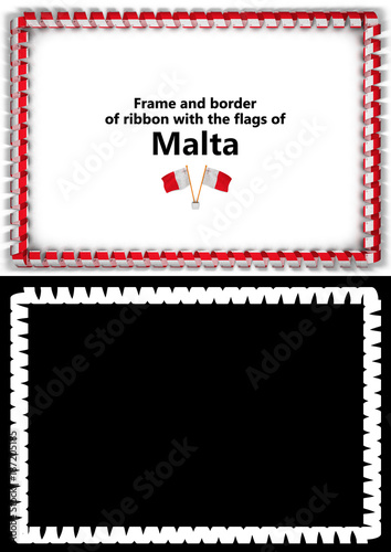 Frame and border of ribbon with the Malta flag for diplomas, congratulations, certificates. Alpha channel. 3d illustration