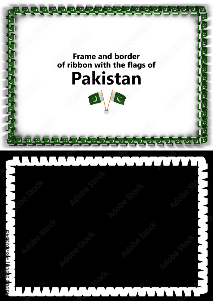 Frame and border of ribbon with the Pakistan flag for diplomas, congratulations, certificates. Alpha channel. 3d illustration Frame and border of ribbon with the Pakistan flag for diplomas, congratulations, certificates. Alpha channel. 3d illustration