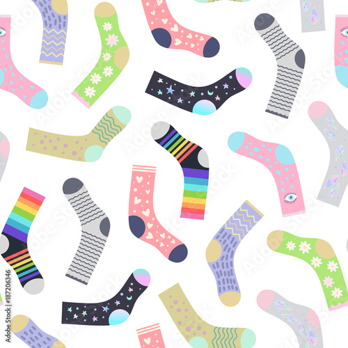 Funny socks seamless pattern, cartoon flat design, vector background.