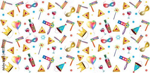 Purim jewish holiday pattern traditional purim symbols, carnival mask, gifts, noisemaker, masque, gragger, wine bottle, hamantachhen cookies, crown, star of david, festival decoration carnival vector
