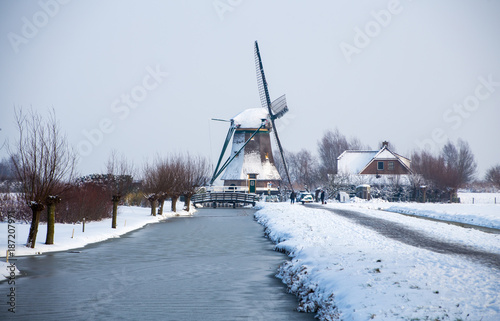 Dutch windmill in the snow