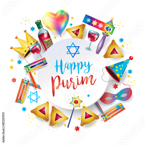 Happy purim jewish holiday greeting card traditional purim symbols. Purim gifts, noisemaker, masque, gragger, wine bottle, hamantachhen cookies, crown, star of david, festival decoration, vector.