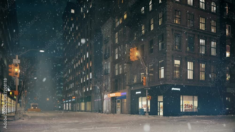 blizzard in new york city. loop able. 3d rendering