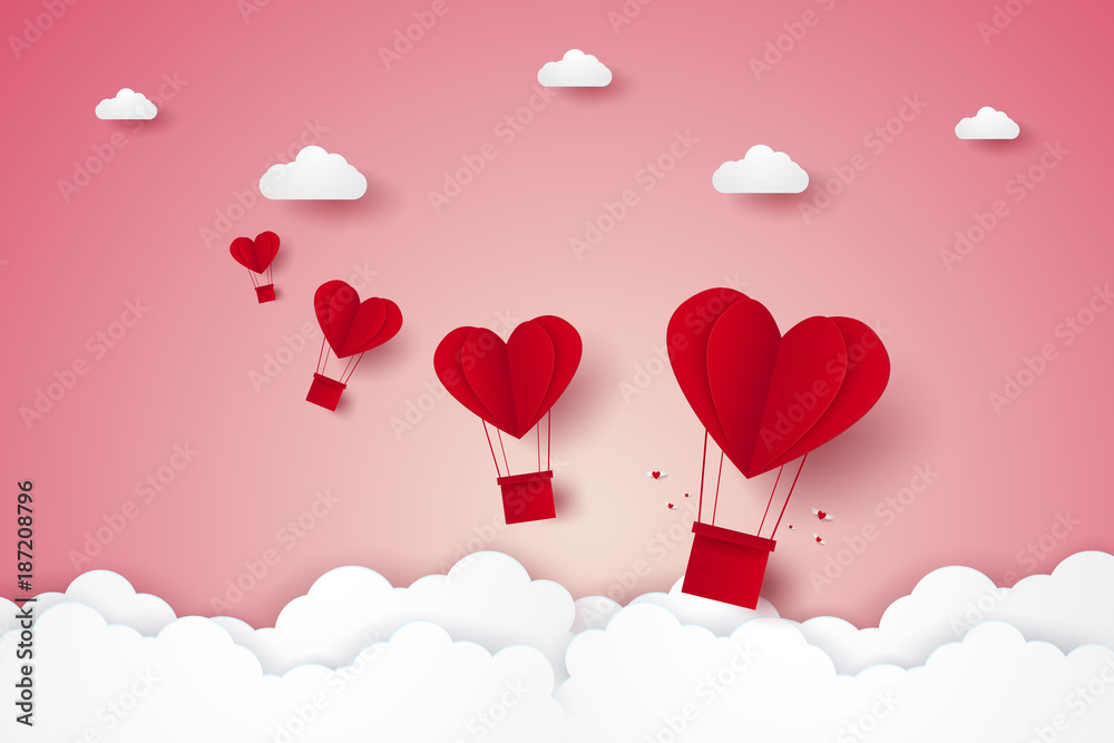Φωτογραφία Valentines day , Illustration of love , red heart hot air balloons flying on sky