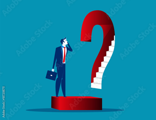 Businessman and question marks. Concept business vector illustration. Flat design style.