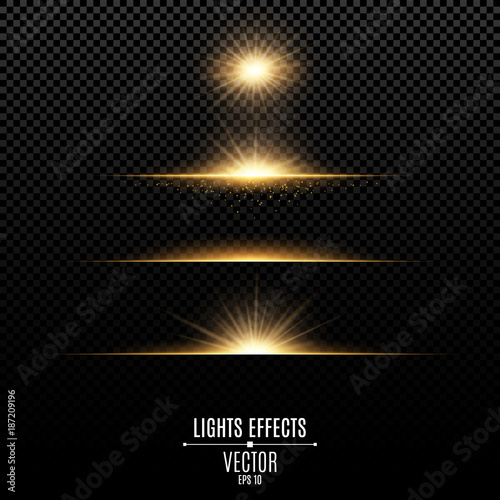 Golden lights effects isolated on a transparent background. Bright flashes and glare of gold color. Bright rays of light. Glowing lines. Vector.