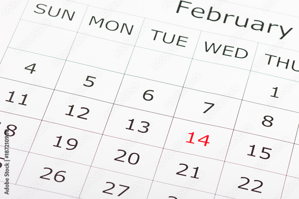 Calendar holiday February 14th Valentine's day is highlighted in red Calendar holiday February 14th Valentine's day is highlighted in red