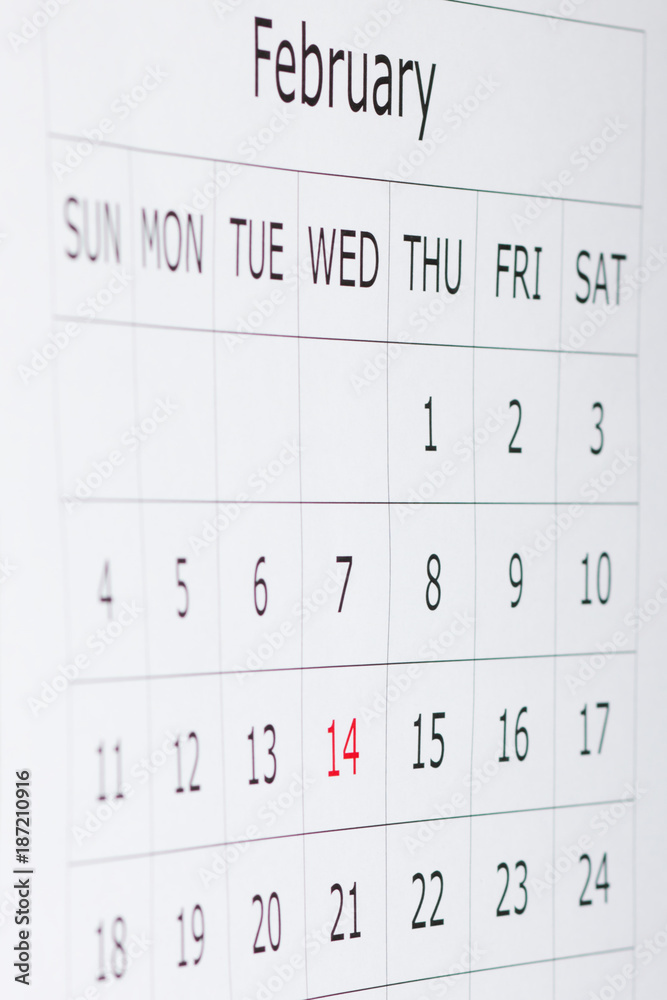 Calendar holiday February 14th Valentine's day is highlighted in red Calendar holiday February 14th Valentine's day is highlighted in red