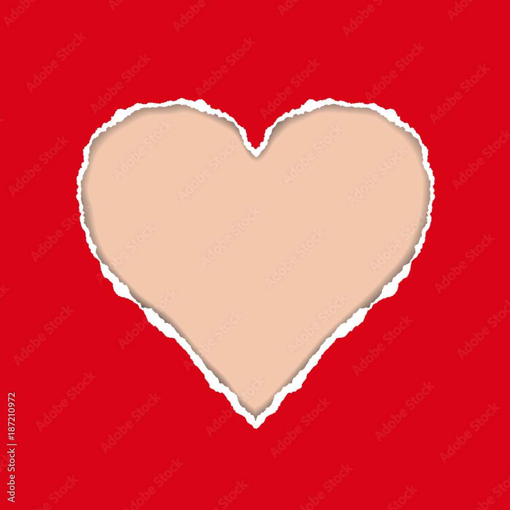 Torn red paper with a heart-shaped hole, suitable as a greeting card