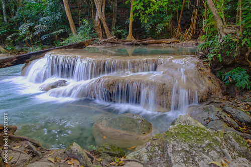 Beautiful Erawan waterfall in deep forest   Of Kanchanaburi Province  Thailand.