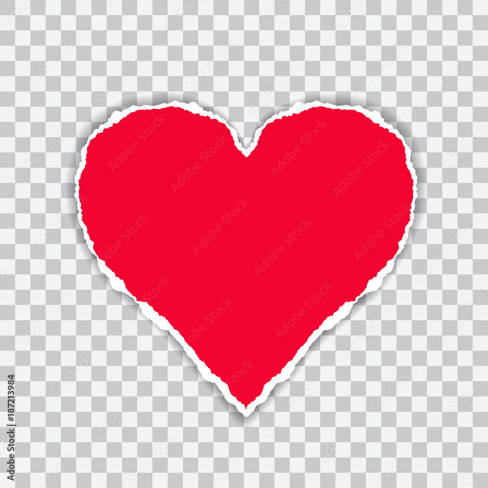 Torn red paper with a heart-shaped on transparent background, suitable as a greeting card