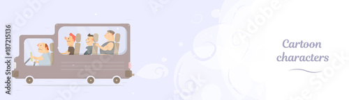 Funny bus. Web banner. Taxi driver and passengers. Amusing characters.