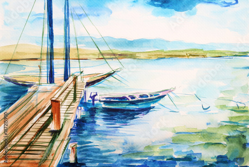 Port nad jeziorem genewskim - ilustracja ręcznie malowana