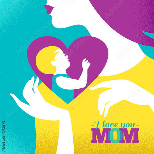 Beautiful silhouette  of mother and baby in heart. Card of Happy Mother's Day