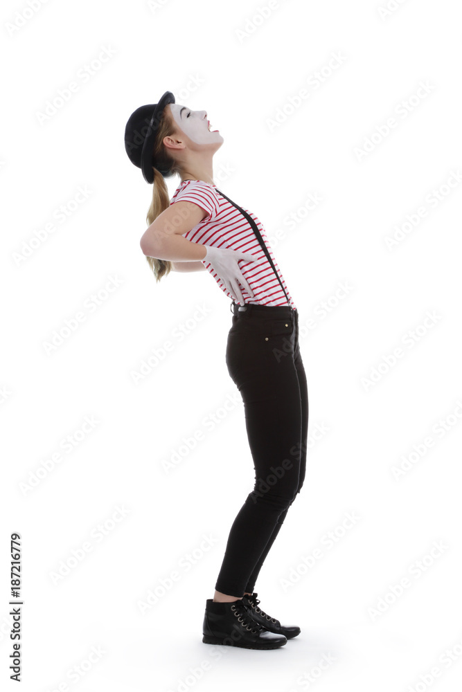 jeune fille mime maquillage blanc théâtre mimant mal de dos jeune fille mime maquillage blanc théâtre mimant mal de dos
