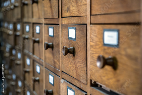 database concept. vintage cabinet. library card or file