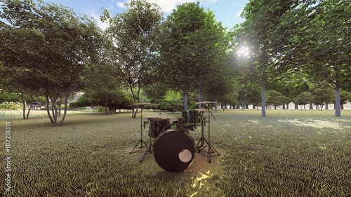Photography a black drums kit in the forest front view