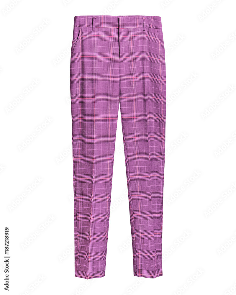 Pink elegant checked retro trousers isolated white