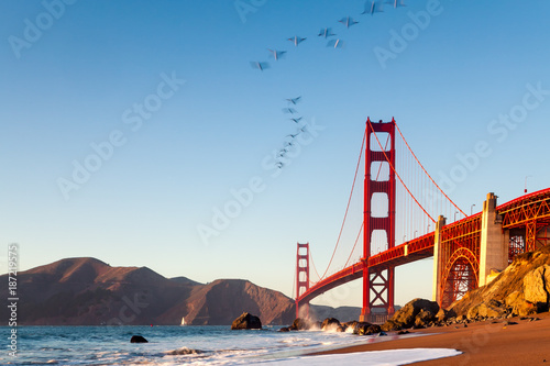 The Golden Gate Bridge is a suspension bridge spanning the Golden Gate, the one-mile-wide (1.6 km) strait connecting San Francisco Bay and the Pacific Ocean. San Francisco, California, United States.