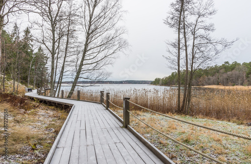 En frostig strandpromenad vid vattnet i en vik på Värmdö photo