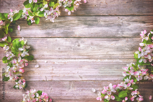 Spring blooming branches on wooden background