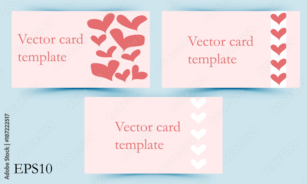 A set of templates for business cards in the fashion business or invitation cards or postcards for Valentine's Day or wedding. Pink card background is decorated with red hearts and space for text