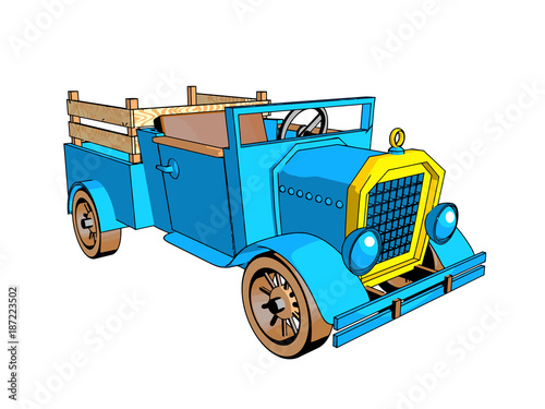 car cartoon style retro design blue color old interesting different kinds of cards isolate white background 