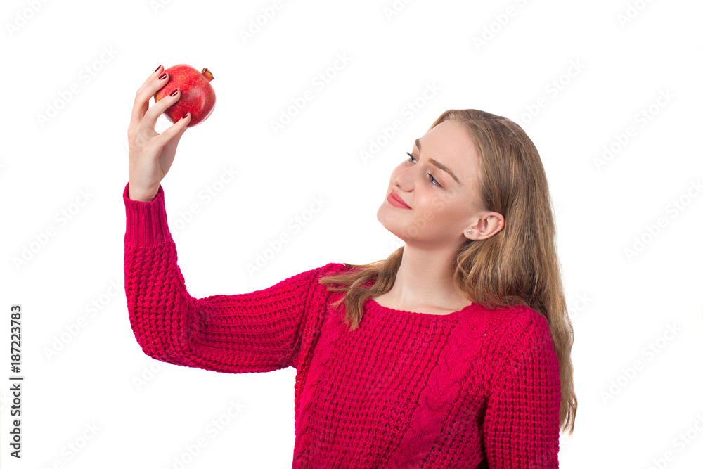 Beautiful portrait of young woman with pomegranate. Healthy food concep Beautiful portrait of young woman with pomegranate. Healthy food concep
