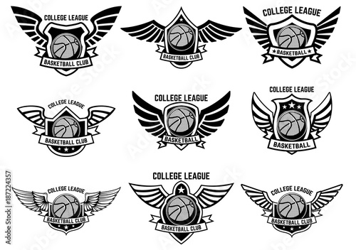 Set of winged emblems with basketball ball. Design element for logo, label, emblem, sign.
