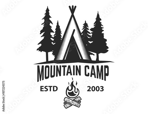 Mountain camp emblem template. Camping tent with trees and campfire. Design element for logo, label, emblem, sign.