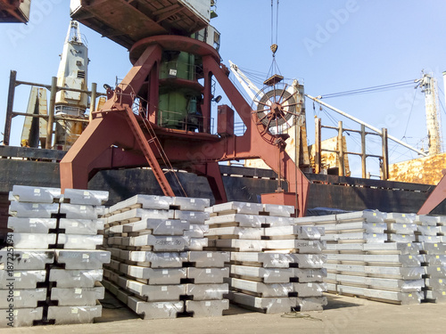 Aluminum ingots. Transportation of aluminum for export. photo