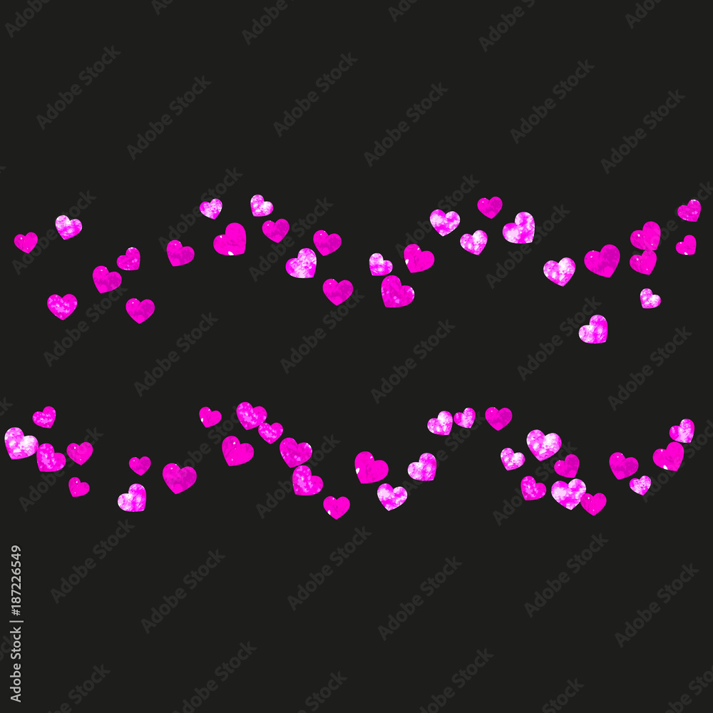 Valentines day border with pink glitter hearts. February 14th day. Vector confetti for valentines day border template. Grunge hand drawn texture. Love theme for voucher, special business ad, banner.