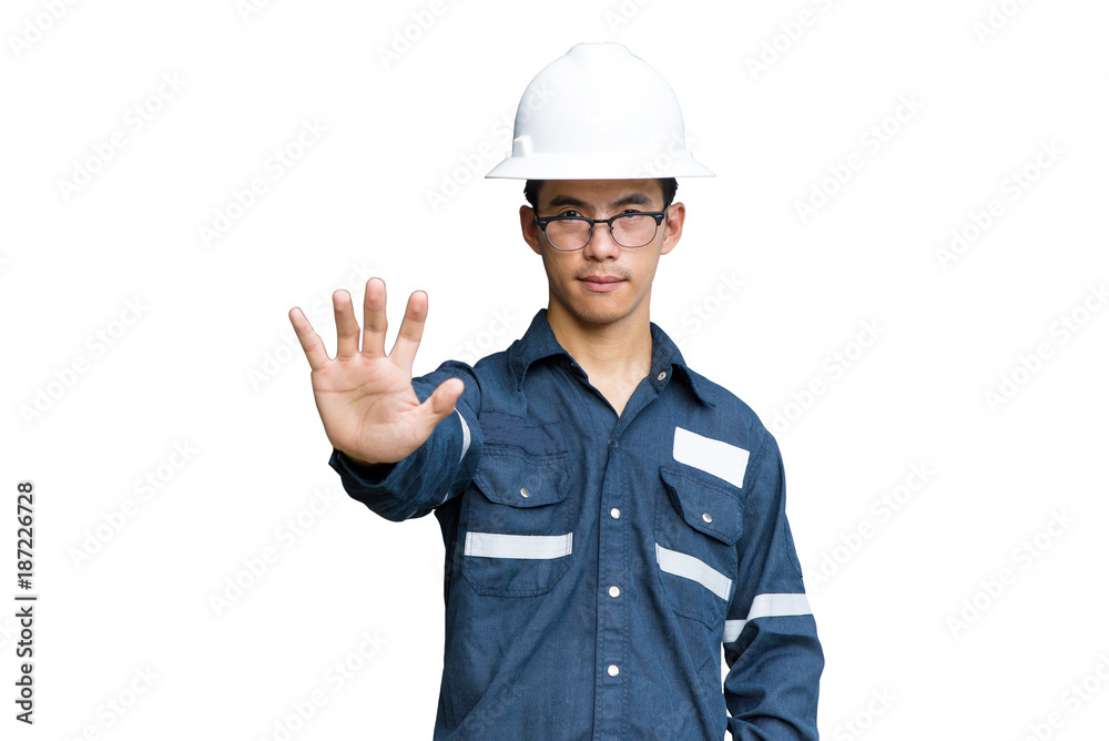 Asian man,Engineer or Technician in white helmet, glasses and blue working shirt suit with stop work concept, isolated on white, mechanic and Oil and Gas industrial with clipping path Asian man,Engineer or Technician in white helmet, glasses and blue working shirt suit with stop work concept, isolated on white, mechanic and Oil and Gas industrial with clipping path