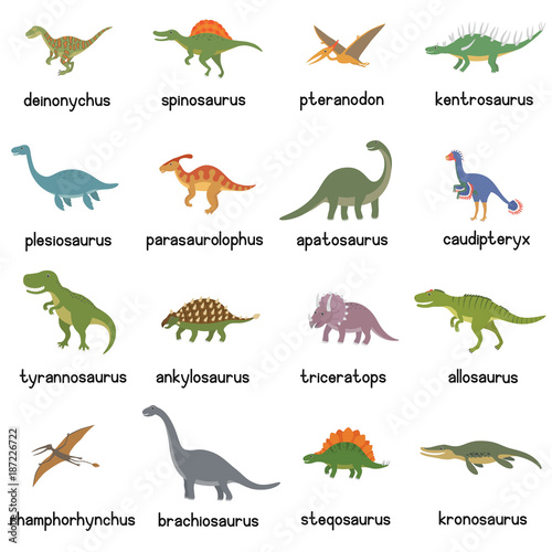 Fototapeta Naklejka Na Ścianę i Meble -  Vector collection of cute flat dinosaurs, including T-rex, Stegosaurus, Velociraptor, Pterodactyl, Brachiosaurus and Triceratop