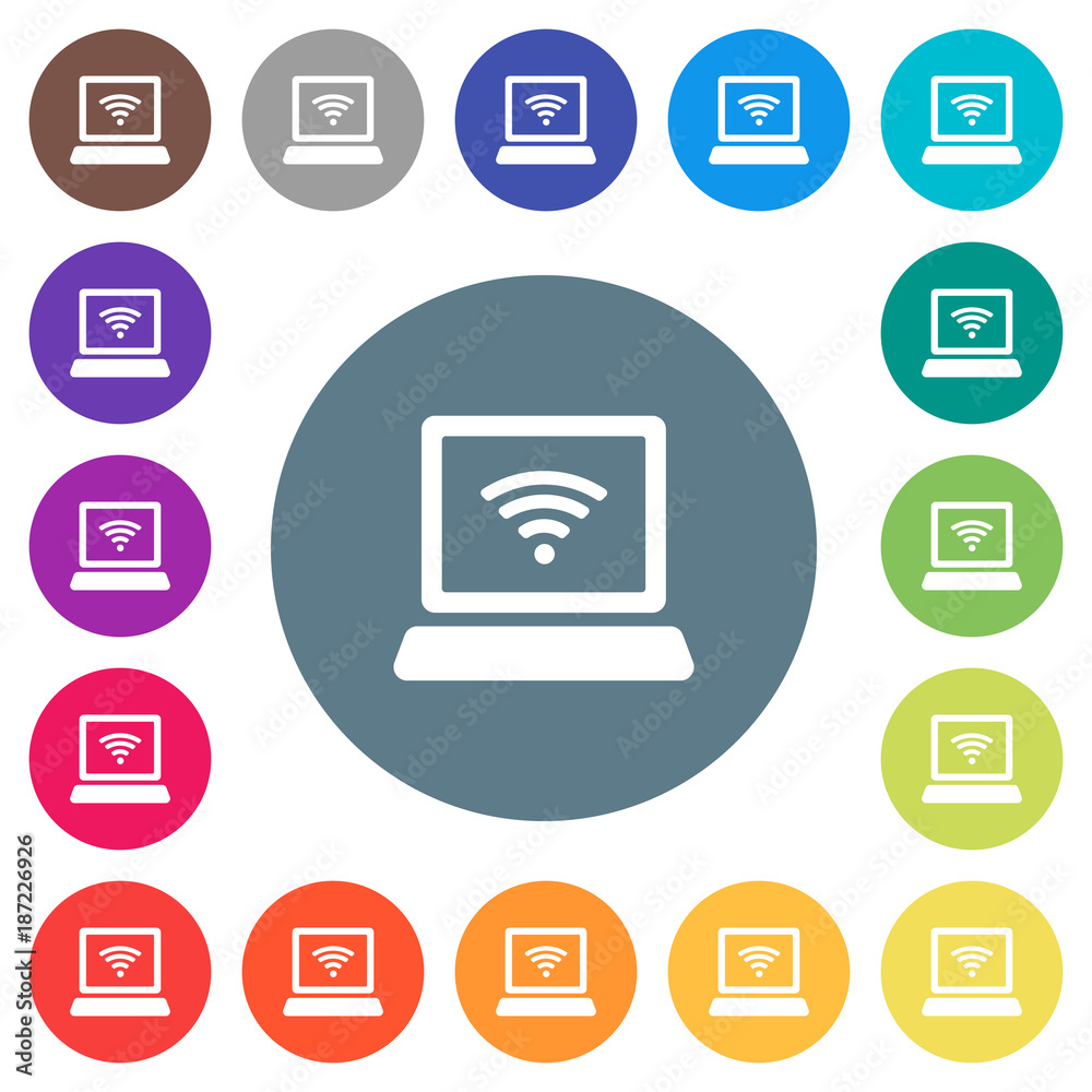 Laptop computer with wireless symbol flat white icons on round color backgrounds Laptop computer with wireless symbol flat white icons on round color backgrounds